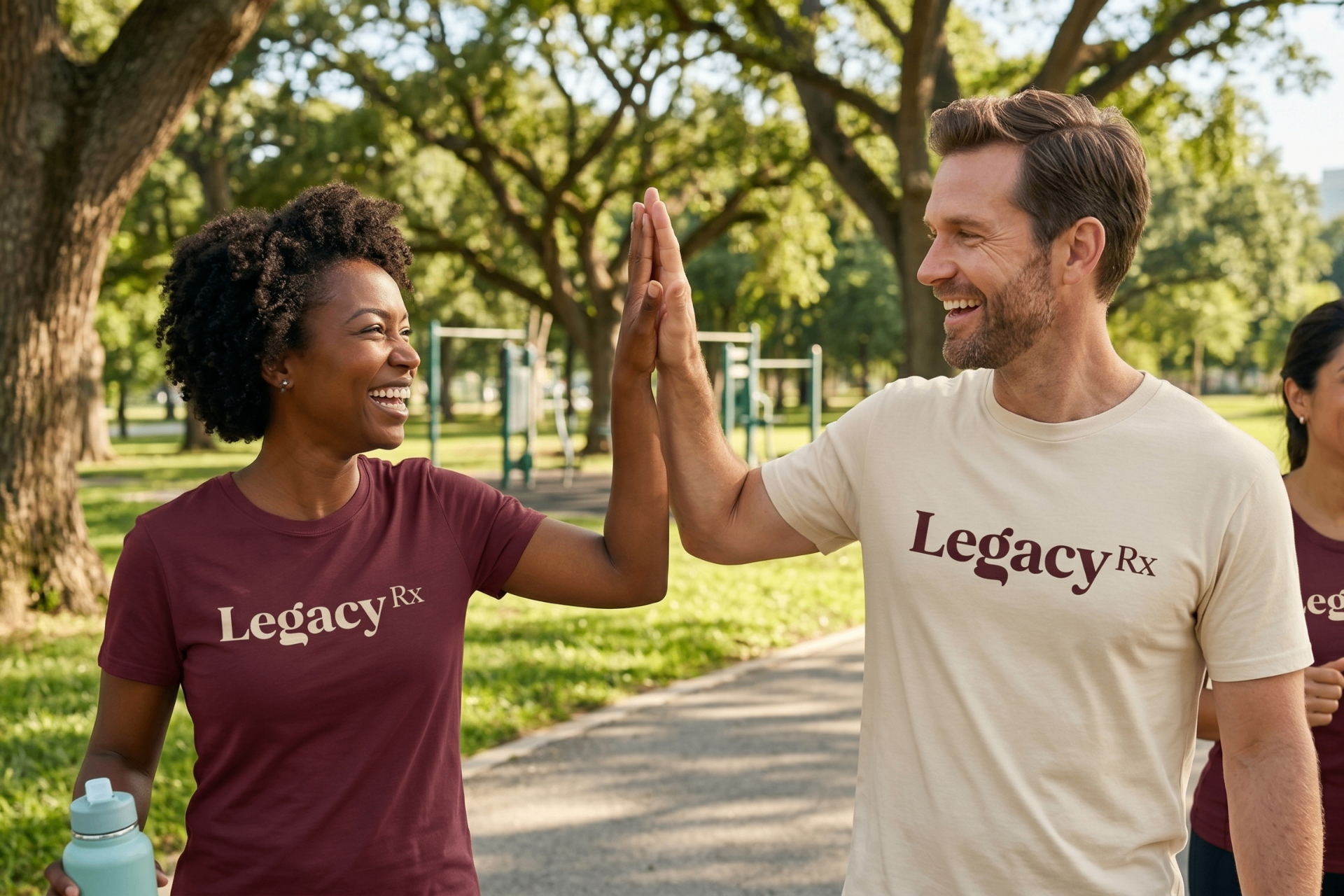 LegacyRx community members high-fiving in a park